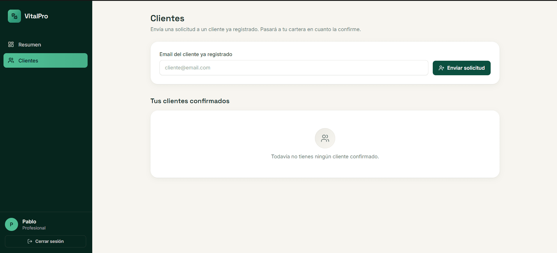 Panel de gestión de clientes de VitalPro